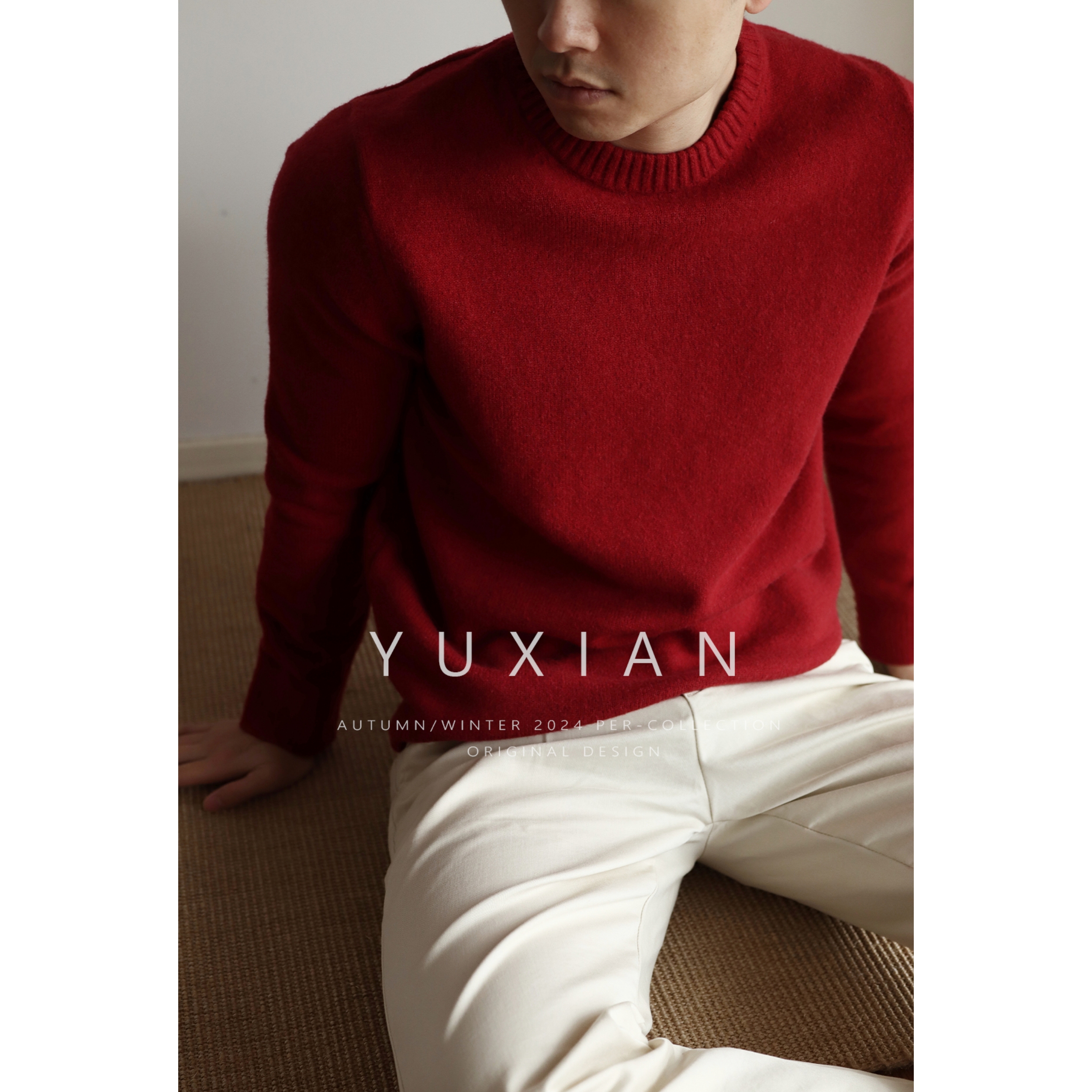 YUXIAN圆领羊毛混纺新年红毛衣