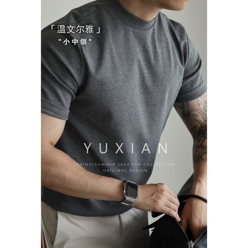 YUXIAN美式复古弹力小中领短袖