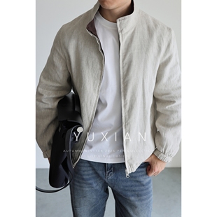 【100%亚麻】双面穿意式老钱纯亚麻高端立领休闲商务夹克外套男士
