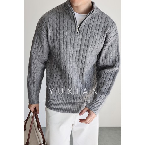 YUXIAN美式复古纽花半拉链毛衣