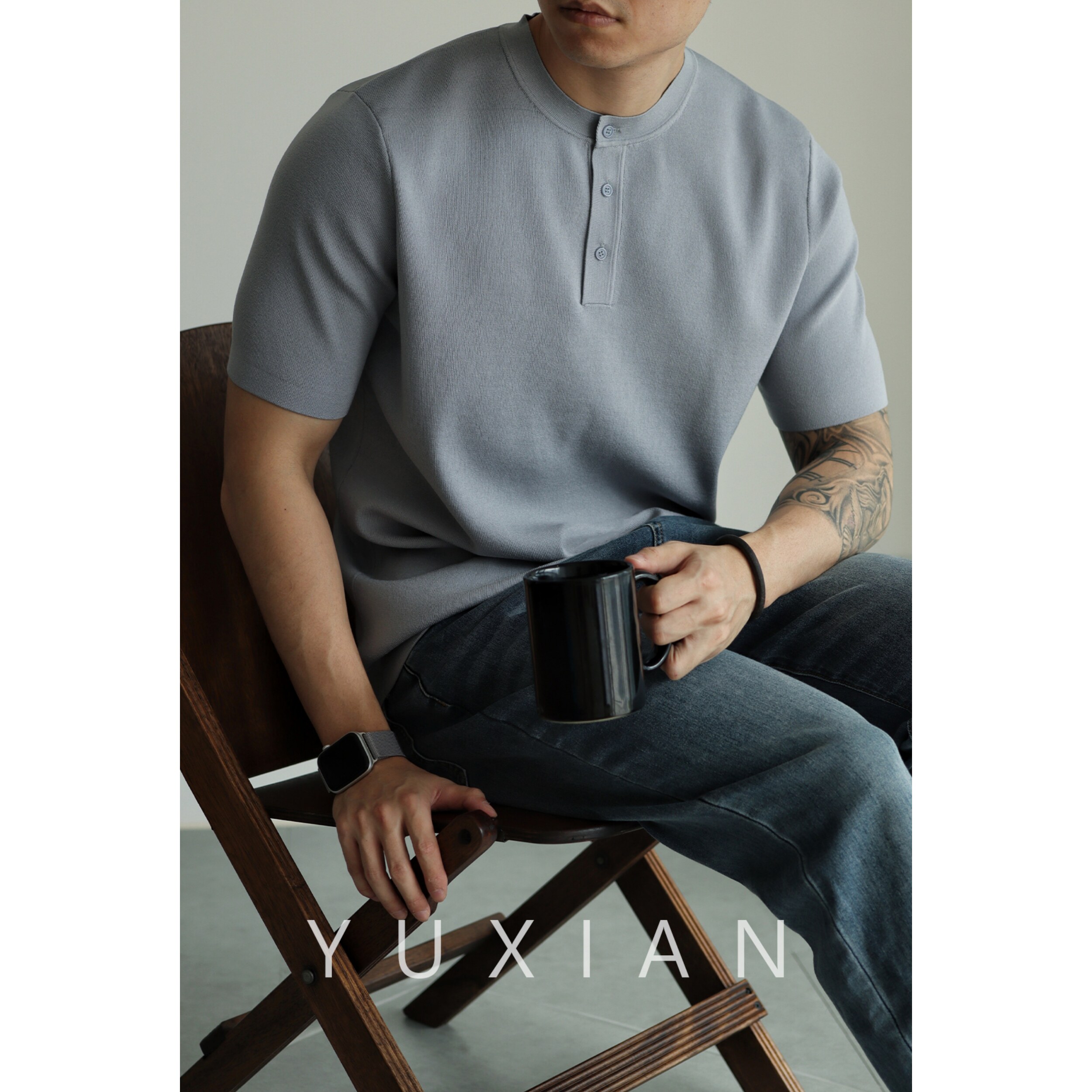 YUXIAN美式高端14针冰丝棉短袖T恤复古亨利领宽松男士休闲春夏季