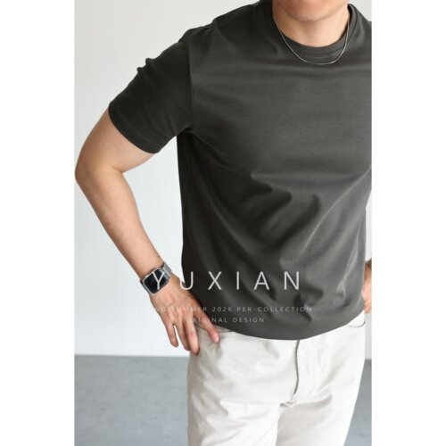 YUXIAN纯色纯棉吸湿圆领男士短袖