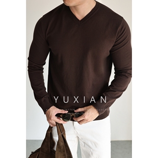 秋冬 套头毛衣休闲商务男士 YUXIAN美式 100%新疆棉V领全棉针织长袖