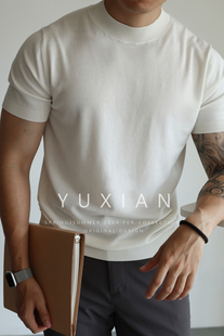 YUXIAN美式小中领天丝莱赛尔针织半高领短袖T恤弹力复古通勤春夏