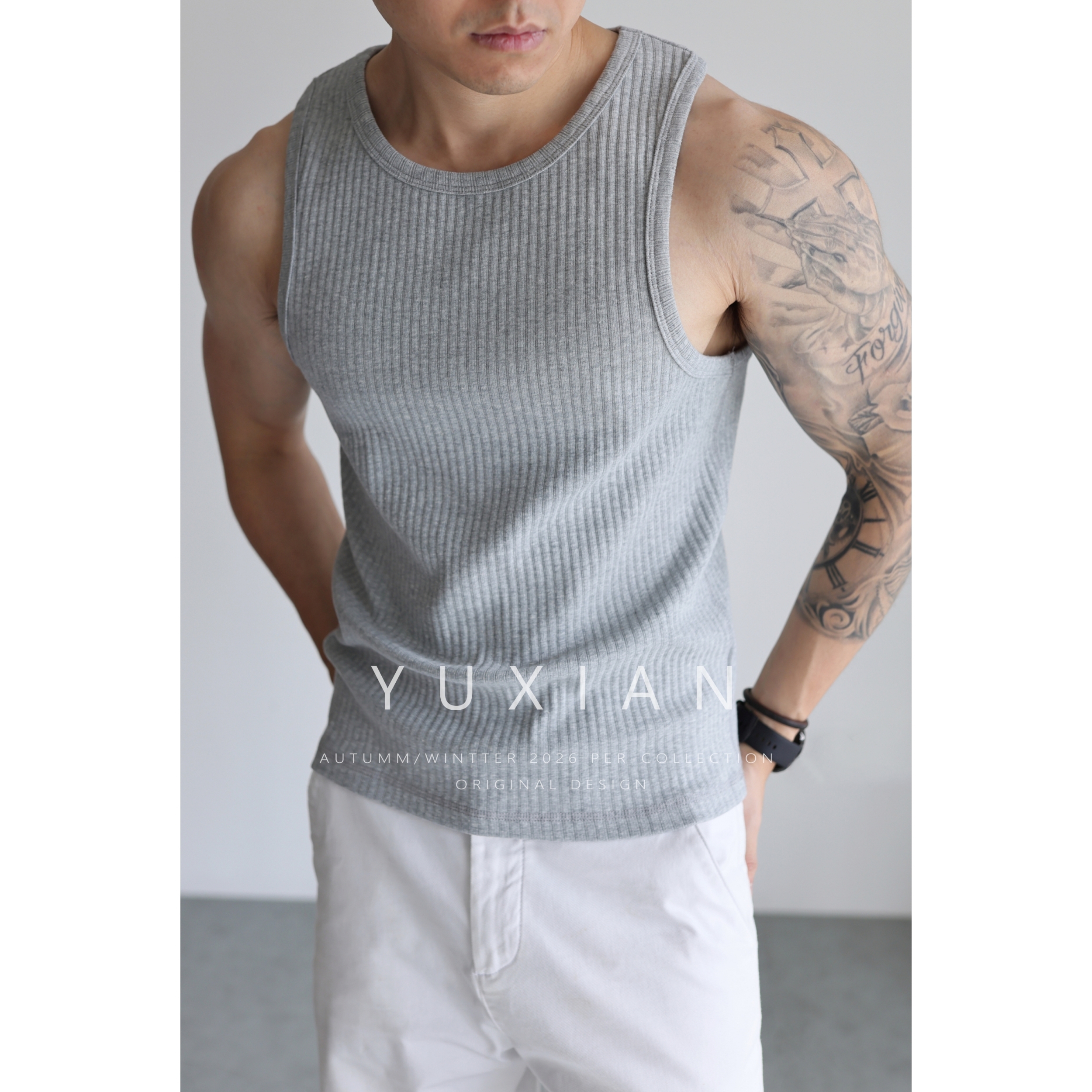 YUXIAN美式坑条精梳棉汤匙领背心弹力纯棉打底休闲汗运动健身春夏