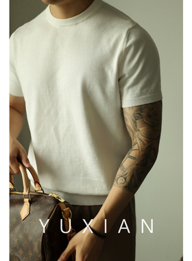 YUXIAN纯棉纱针织男士短袖T恤圆领纯色打底简约通勤休闲商务春夏