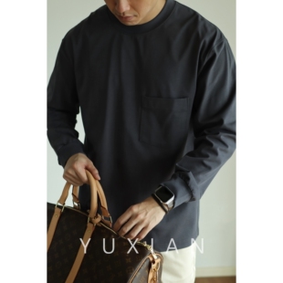 YUXIAN日系Sorona科技抗菌口袋长袖 纯色春秋 T恤宽松圆领百搭男士