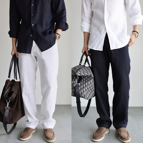 YUXIAN纯天然100%亚麻直筒长裤男