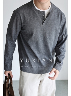 YUXIAN日系竹节棉亨利领纯棉肌理感长袖叠片假两件T恤休闲百搭男