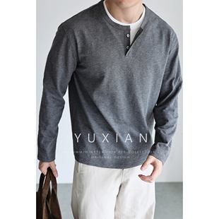 YUXIAN日系竹节棉亨利领纯棉肌理感长袖叠片假两件T恤休闲百搭男