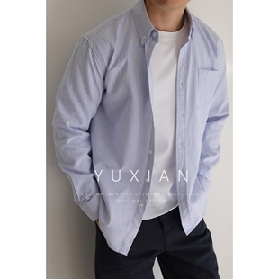 YUXIAN牛津色织条纹抗皱易打理休闲商务长袖衬衫男士通勤衬衣春秋