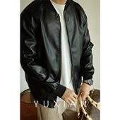 YUXIAN余闲PU皮衣圆领夹克机车棒球外套修身 复古休闲轻熟秋冬男士