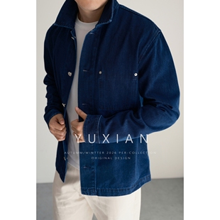秋冬 夹克休闲商务外套男士 YUXIAN重磅斜纹棉质丹宁水洗牛仔衬衫 式