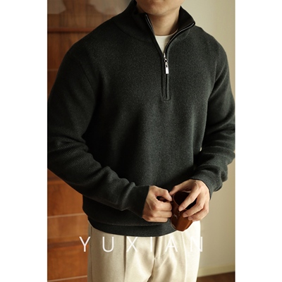 YUXIAN半拉链纯棉针织衫复古毛衣