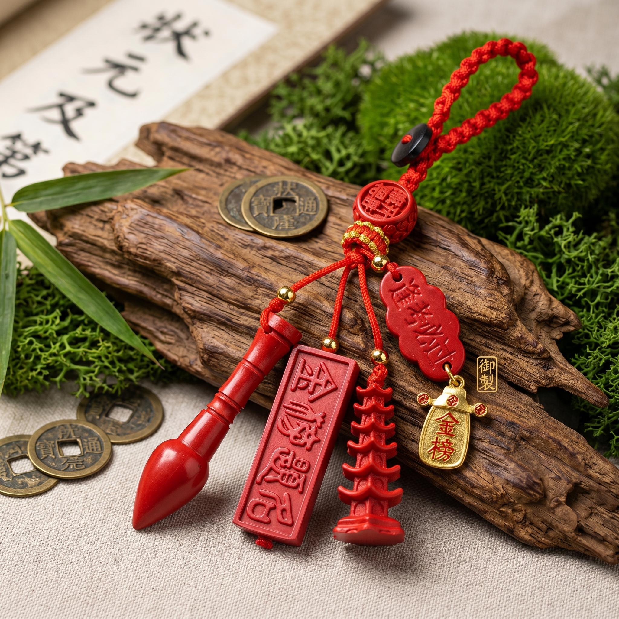 朱砂文昌笔塔红绳钥匙扣挂件