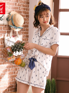 富妮来春夏睡衣女冰丝感透气前扣可爱短袖短裤家居服女套装16131