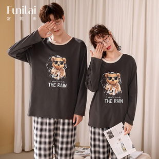 富妮来小熊印花情侣睡衣圆领套头家居服舒适休闲长袖 秋两件套 长裤