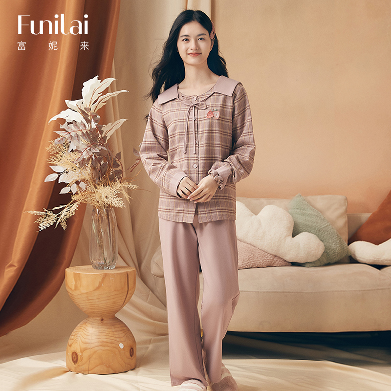 富妮来娃娃领格纹女士家居服