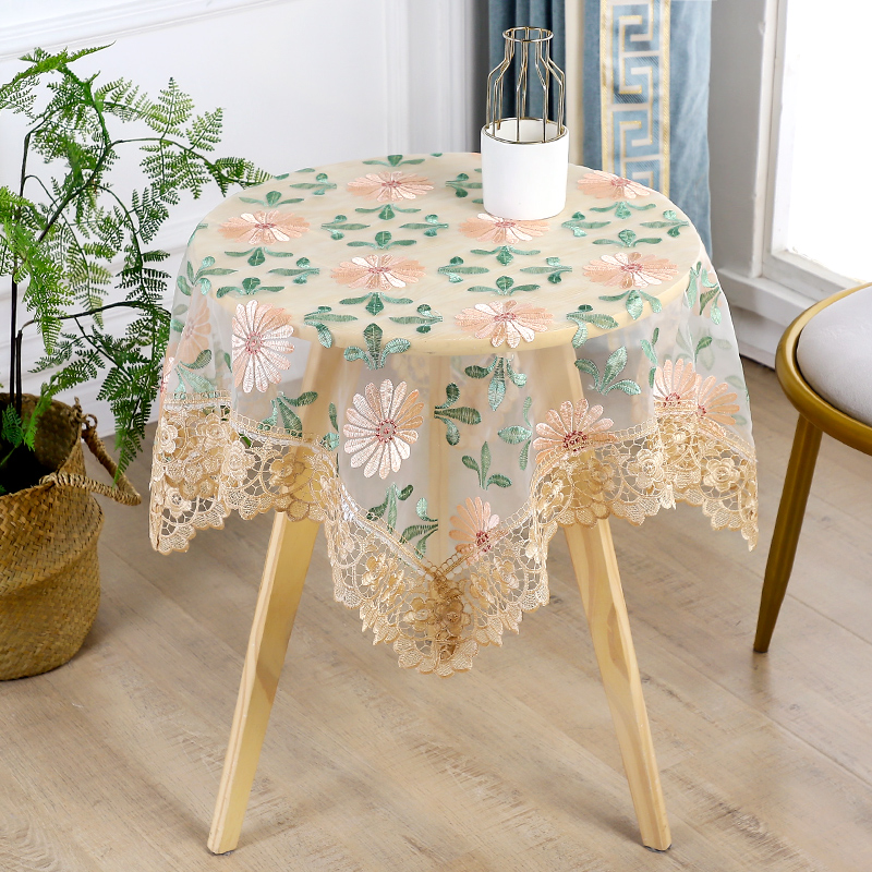 田园清新小圆桌布方形简约蕾丝纱布艺茶几餐桌布绣花多用防尘盖巾