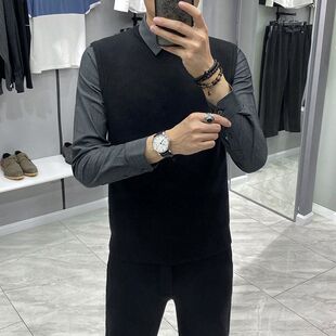 假两件男士衬衫领毛衣内搭灰色针织衫上衣秋冬款成熟稳重男装外套