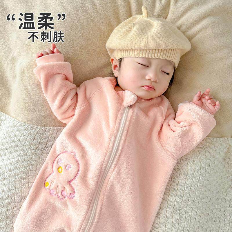 婴儿睡衣秋冬款男女宝宝珊瑚绒连体衣加厚睡袋小月龄法兰绒家居服