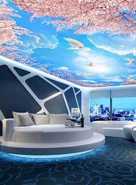 天顶3d壁纸吊顶天花板壁画墙纸房顶棚蓝天白云树林树枝背景装饰画
