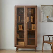 北美黑胡桃木书柜带玻璃门客厅白橡木书架北欧全实木置物柜可定制