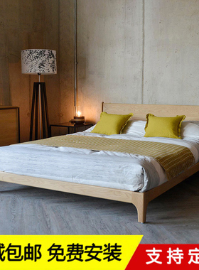 北欧1.5米1.8米黑胡桃木双人床日式实木简约现代婚床樱桃白橡木床