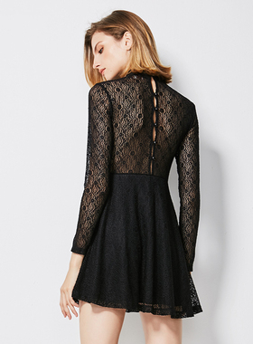 QU DETOUR 淑女风黑色蕾丝镂空连衣裙女长袖修身显瘦轻奢气质裙