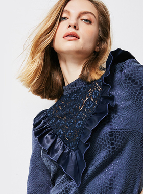 QU DETOUR  新品法式浪漫风蕾丝拼接荷叶边连衣裙女蓝色气质A字裙