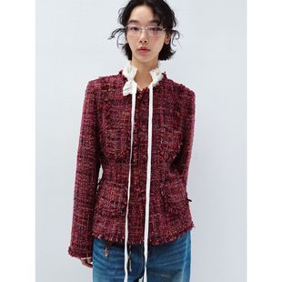 圆领车厘子红粗花呢外套2025年冬沙漏流苏优雅气质上衣 DETOUR