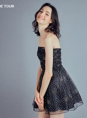 QU DETOUR 法式浪漫风黑色亮片抹胸连衣裙女收腰显瘦短裙时尚
