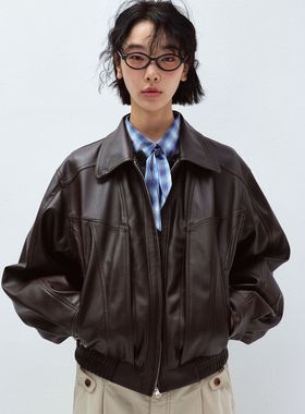 QU DETOUR 复古机车风翻领皮夹克女黑色短款廓形外套高级感