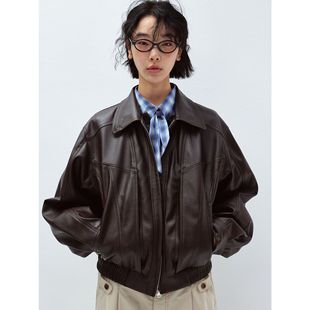 廓形外套高级感 复古机车风翻领皮夹克女黑色短款 DETOUR