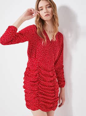 QU DETOUR 深V领收腰连衣裙2025年早秋长袖红色波点褶皱包臀裙