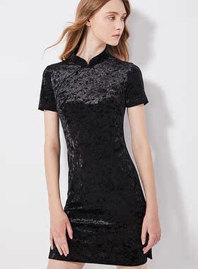 QU DETOUR 圆襟黑色天鹅绒连衣裙2025年春季收腰简约中国风旗袍