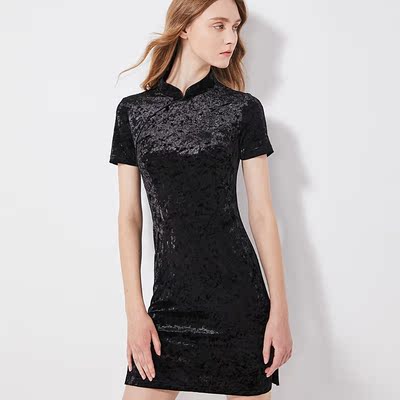 QU DETOUR 圆襟黑色天鹅绒连衣裙2025年春季收腰简约中国风旗袍