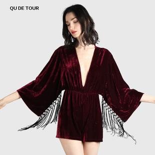 QU DETOUR新品和服袖流苏深V领连体裤复古高腰丝绒酒红色涟衣短裤
