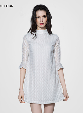 QU DETOUR 简约风白色A字连衣裙女中袖喇叭袖淑女风气质裙