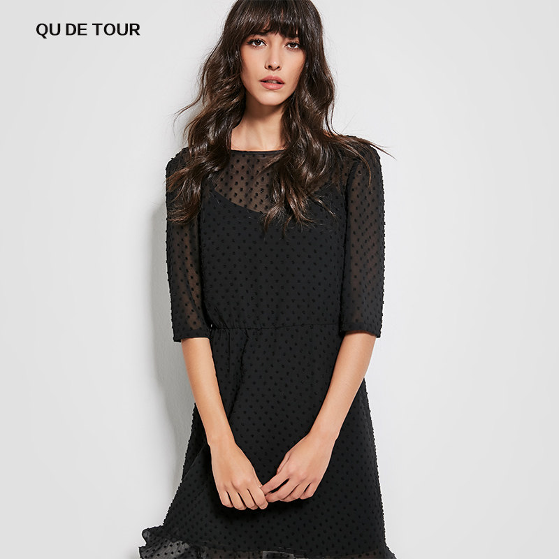 QU DETOUR 2025新款女装秋装小黑裙欧美高腰宽松腰黑色波点连衣裙