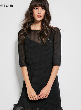 QU DETOUR 2025新款女装秋装小黑裙欧美高腰宽松腰黑色波点连衣裙