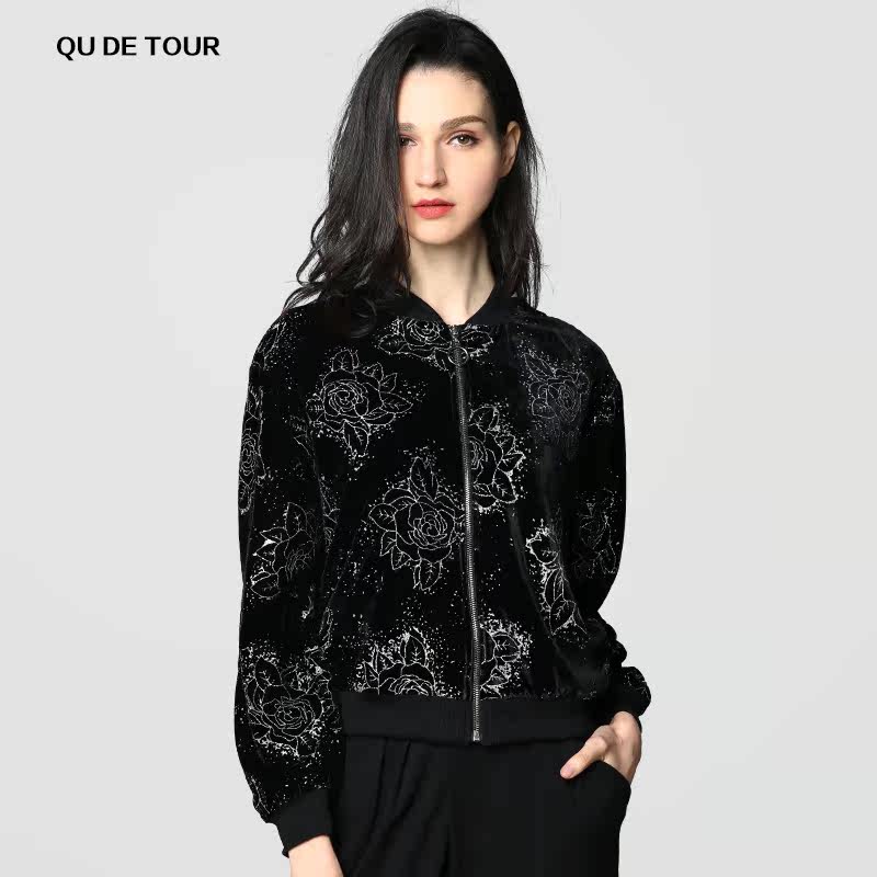 QU DETOUR 圆领亮片拉链天鹅绒棒球服2025年秋冬玫瑰花丝绒短外套