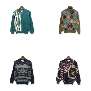 古着vintage男女秋冬纯羊毛复古民族风撞色波普图案套头毛衣A6