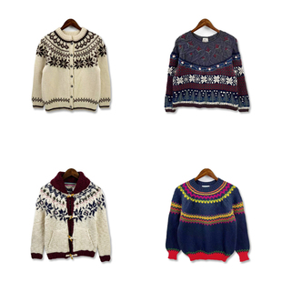 vintage复古雪柄毛衣费尔岛摩天轮百搭手工粗针棒套头羊毛毛衣M15