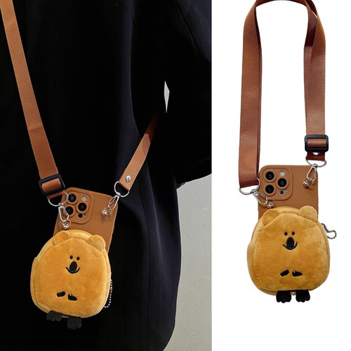 秋冬毛绒柿子椒熊零钱卡包适用小米13pro手机壳k60可背带k50斜挎k40挂绳11日韩12/10s红米note12棕色11新10/9