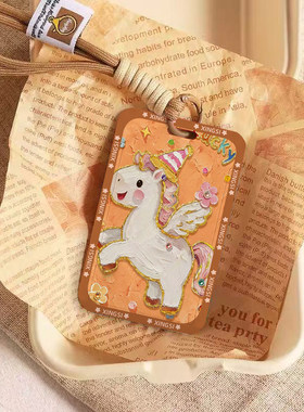 橙色油画小飞马套饭卡公交地铁门禁工牌证件保护套挂包防丢绳