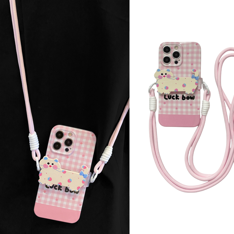 甜美粉格子可爱猫咪背夹适用iPhone15Promax手机壳苹果14手提16可背带13斜挎12挂绳11小众xsmax/xr女7软8plus