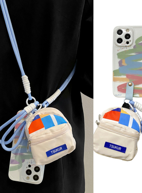 ins风艺术水彩油画小书包适用小米14pro手机壳13手提绳k70可背带k60斜挎k50挂绳12/11红米note13小众10软k40