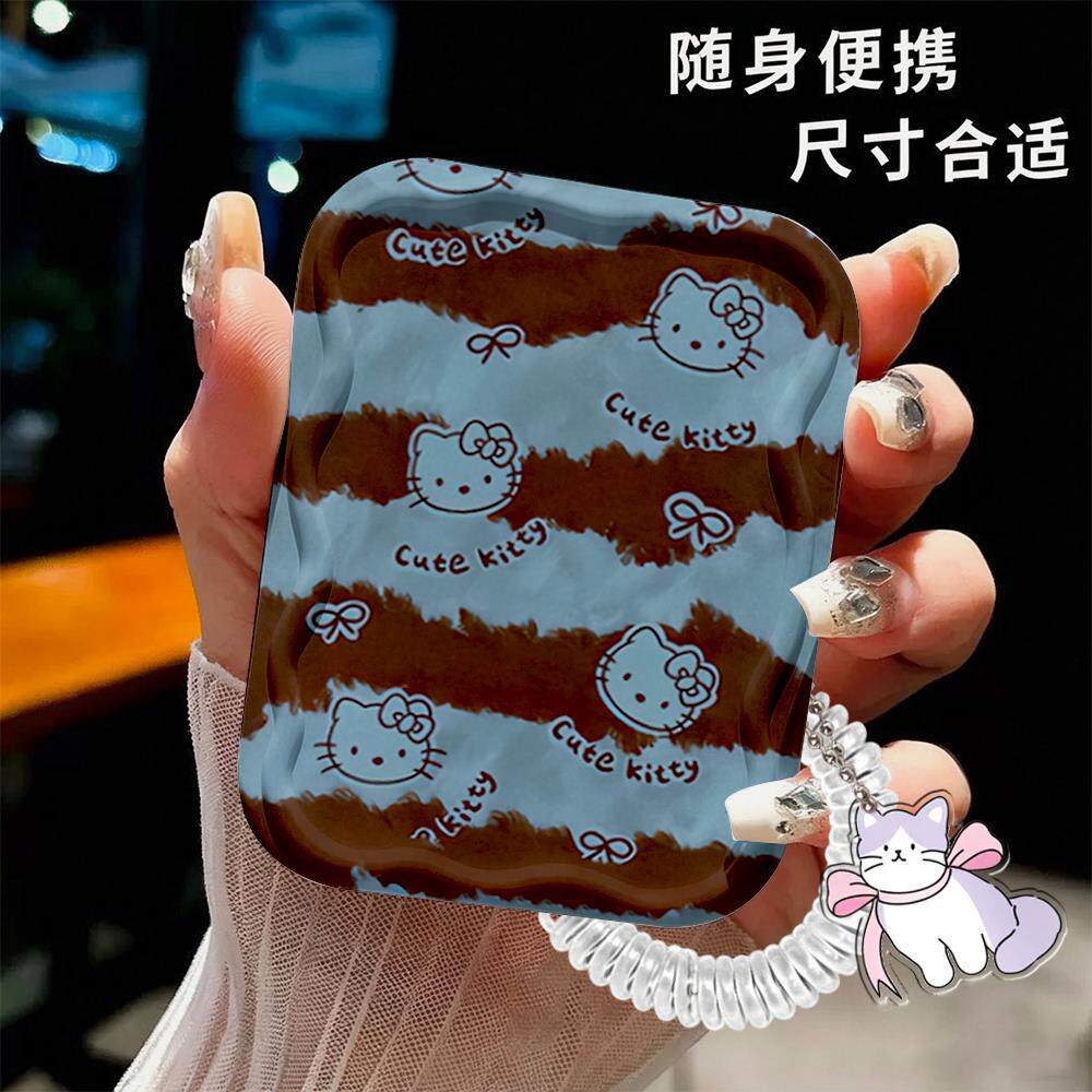 蓝棕条纹kt梳子随身带套装少女心手持翻盖小镜子上课口袋迷你镜梳