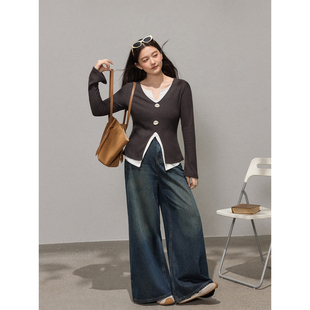 潘不卷大码女装微胖mm韩系灰色撞色假两件针织衫秋冬修身显瘦上衣